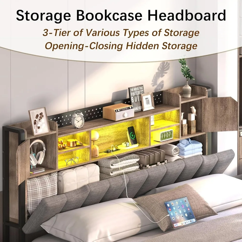 Queen Bed Frame with Storage Bookcase Headboard & LED Lights, Upholstered Bed Frame Queen Size with USB Charging Station 5