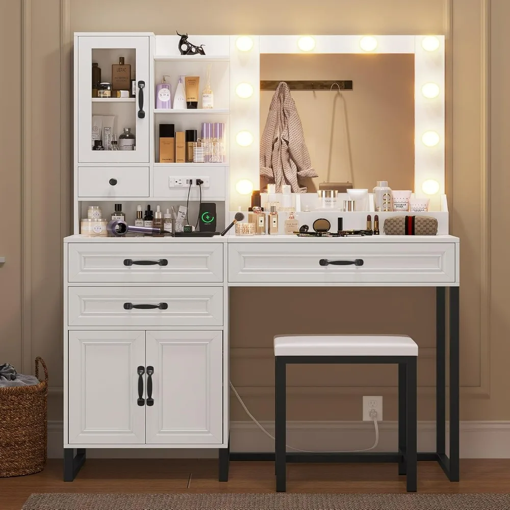 Makeup Vanity Desk with Mirror and Lights & Stool, Glass Top Vanity Table Set with Charging Station, 4 Stoarge Drawers & Double 2
