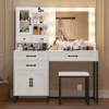 Makeup Vanity Desk with Mirror and Lights & Stool, Glass Top Vanity Table Set with Charging Station, 4 Stoarge Drawers & Double 2