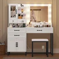 Makeup Vanity Desk with Mirror and Lights & Stool, Glass Top Vanity Table Set with Charging Station, 4 Stoarge Drawers & Double 2