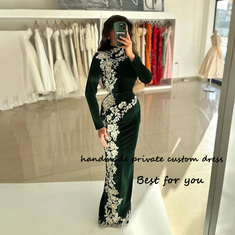 

Зеленые вельветовые вечерние платья-русалки с длинным рукавом и высоким воротником, официальное платье, арабские вечерние платья Дубая