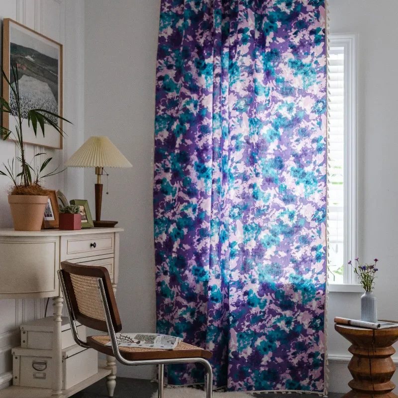 

Boho Purple Camouflage Cotton Curtains with Tassels Dyeing Blackout Curtain for Bay Window Kitchen Holiday Decoration 1 Panel