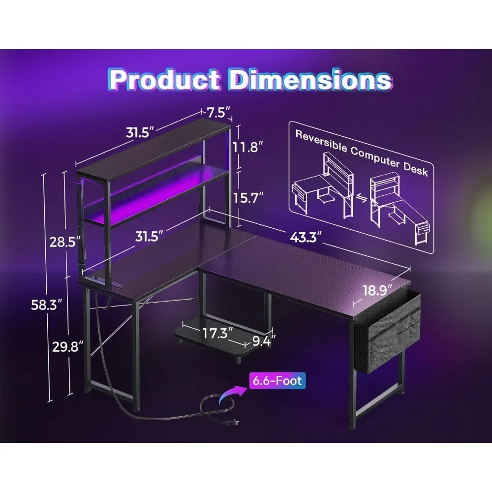 New2025-L Shaped Desk Gaming Desk with LED Light & Power Outlet, 43 Inch Reversible L Shaped Computer Table with Shelf, Corner D