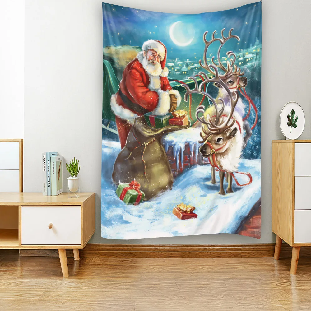 Christmas decoration tapestry Santa Claus gift, home wall decoration, elk, fireplace, snow view, night, Bohemian tapestry