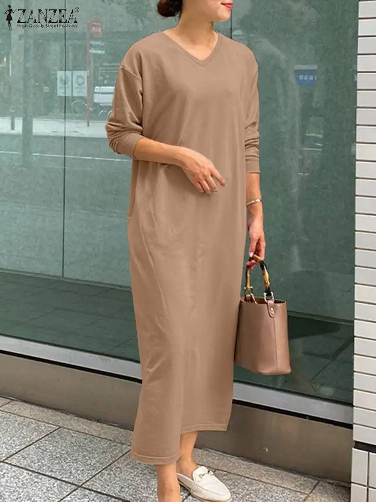 

Платье ZANZEA женское с длинным рукавом, элегантный свободный вечерний сарафан, модное однотонное офисное, осень