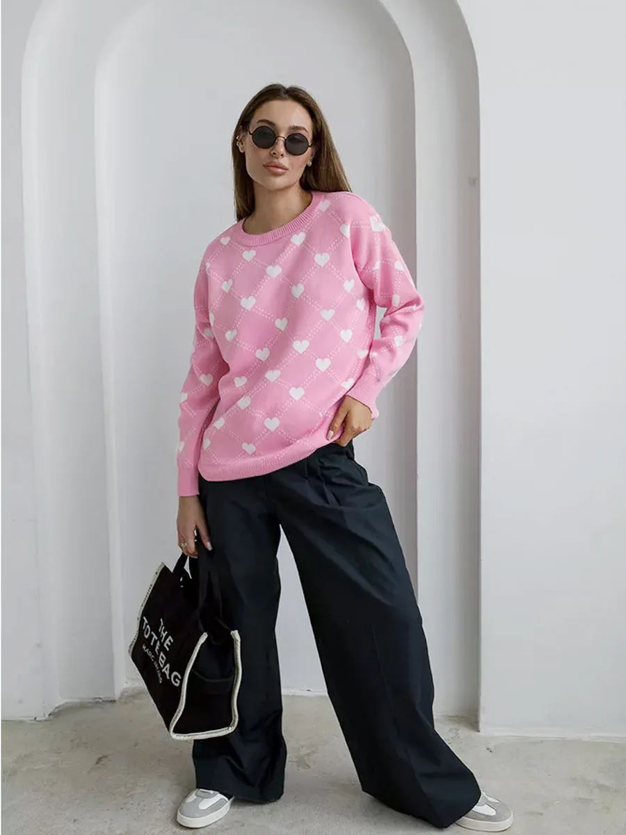 Autumn Printed Knitwear Pullover For Women Casual Patchwork Long Sleeve Contrast Loose Top Clothes Female Knit Pullover