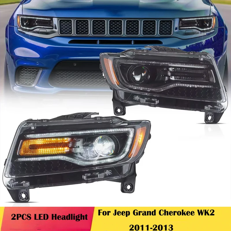 2 adet araba LED farlar Jeep Grand Cherokee WK2 2011-2013 için ön DRL dönüş sinyal ışığı başlangıç ​​mavi animasyon tak ve çalıştır