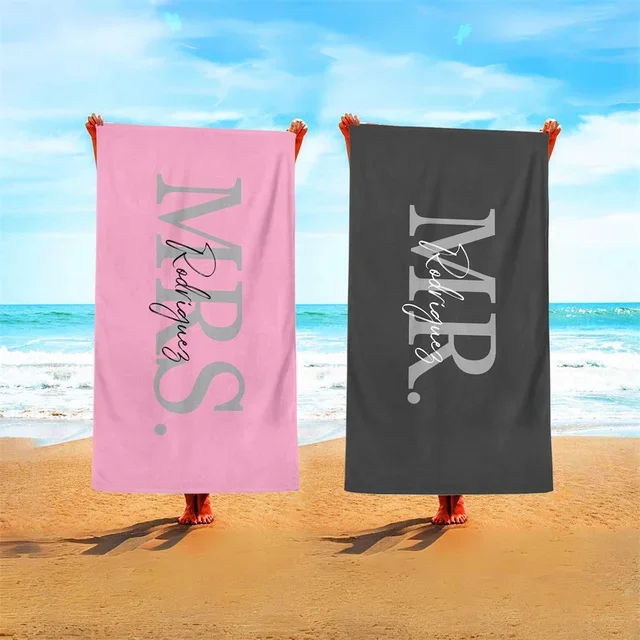 Custom Pink and Gray Mr. & Mrs. Beach Towel Set