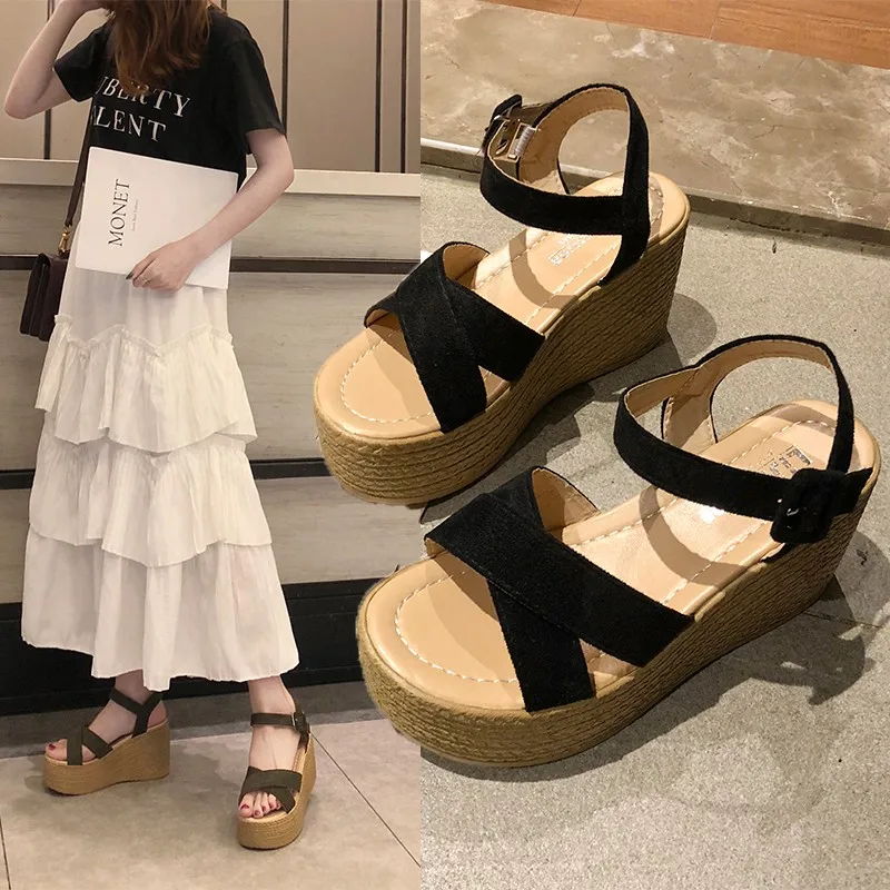 Fashion Womens Shoes Black Platform Sandals With Heel Suit Female Beige Buckle Strap Muffins shoe Luxury Espadrilles platform high heels sandals platform sandals ankle buckle sandals