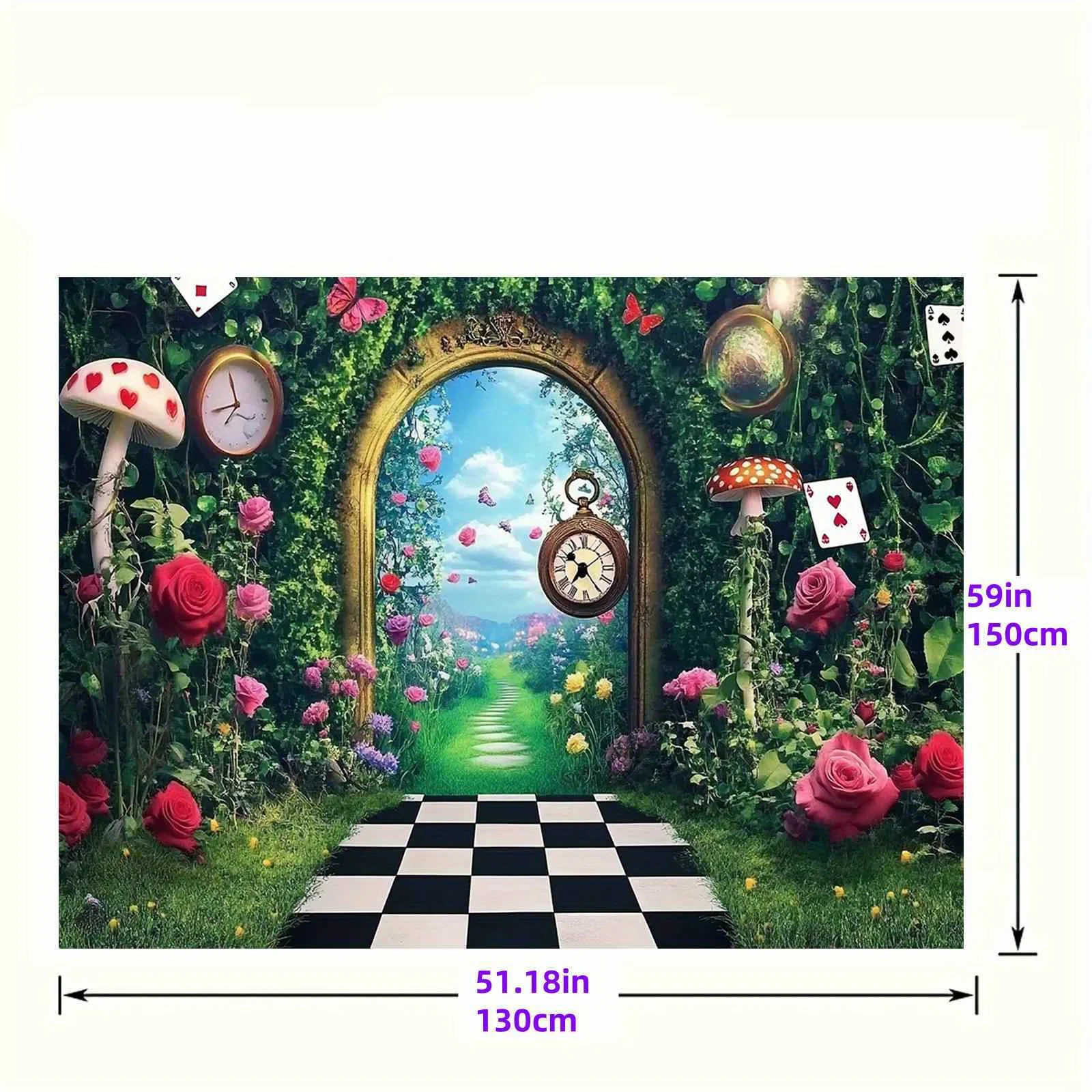 1 bezauberndes Wunderland-Hintergrundtuch, mit Schloss, Kaninchen- und Blumenszene – geeignet zum Geburtstag, Freundenraffung – Detail 2