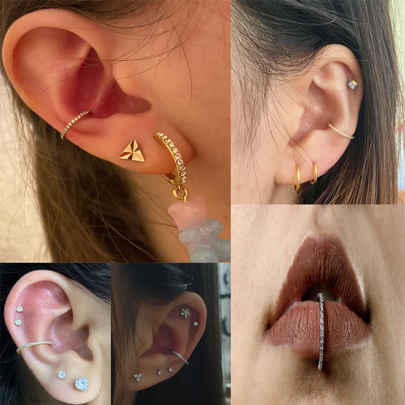 G23 Titanium Ear Piercing Earrings Zircon Hight Segment Clickers Septum Nasal Ring Cartilage Tragus Helix Lip Piercing Jewelry