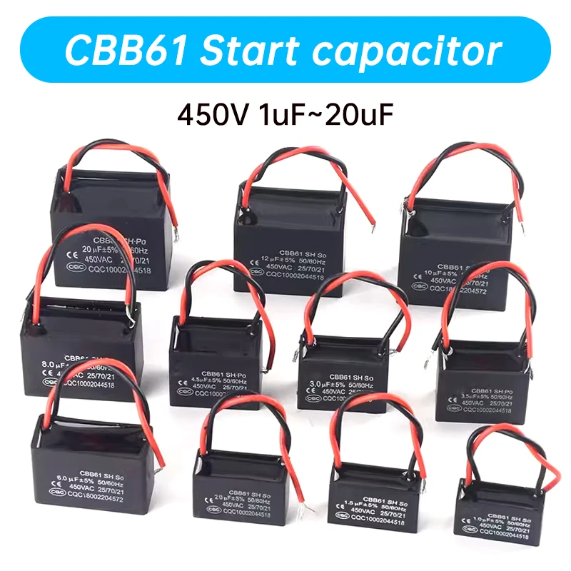 Condensatore Di Avviamento Cbb61 450V 0.8/1/1.5/1.8/2/2.5/3/4/5/6/7/8/10/12/15/18/20Uf Ventilatore A Soffitto Condensatori Di Funzionamento Del Motore
