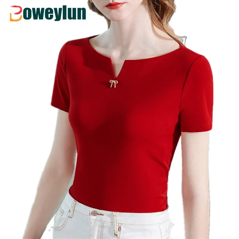 

Boweylun Cotton One Shoulder Short Sleeve T-Shirt Women Summer Split Small V-Neck Soft Slim Fashion Ladies Solid Color Tops