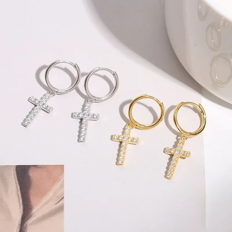 Pendant Earrings Cross Earrings REETI Fashion Silver Color Cross Zircon Pendant Earrings Women Men Hop Piercing Personality Earrings Party Jewelry