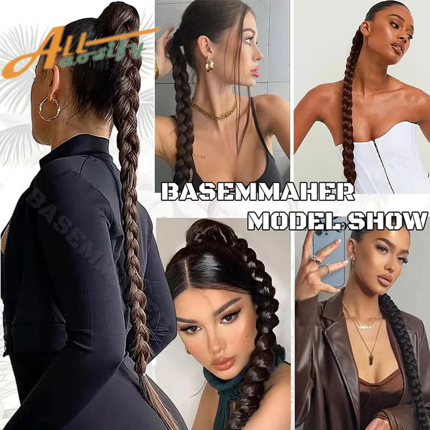 2pcs Long Braided Ponytail for Women Straight Wrap Around Braid Ponytail Extension Synthetic Braids Horse Tail with Rubber Band