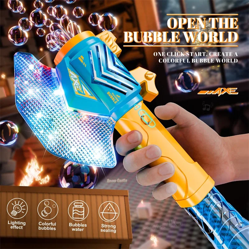 Handheld Bubble Machine Fully Automatic Axe Lighting Soap Bubble Maker Bubble Stick Blower Outdoor Party Boys Birthday Toy Gift