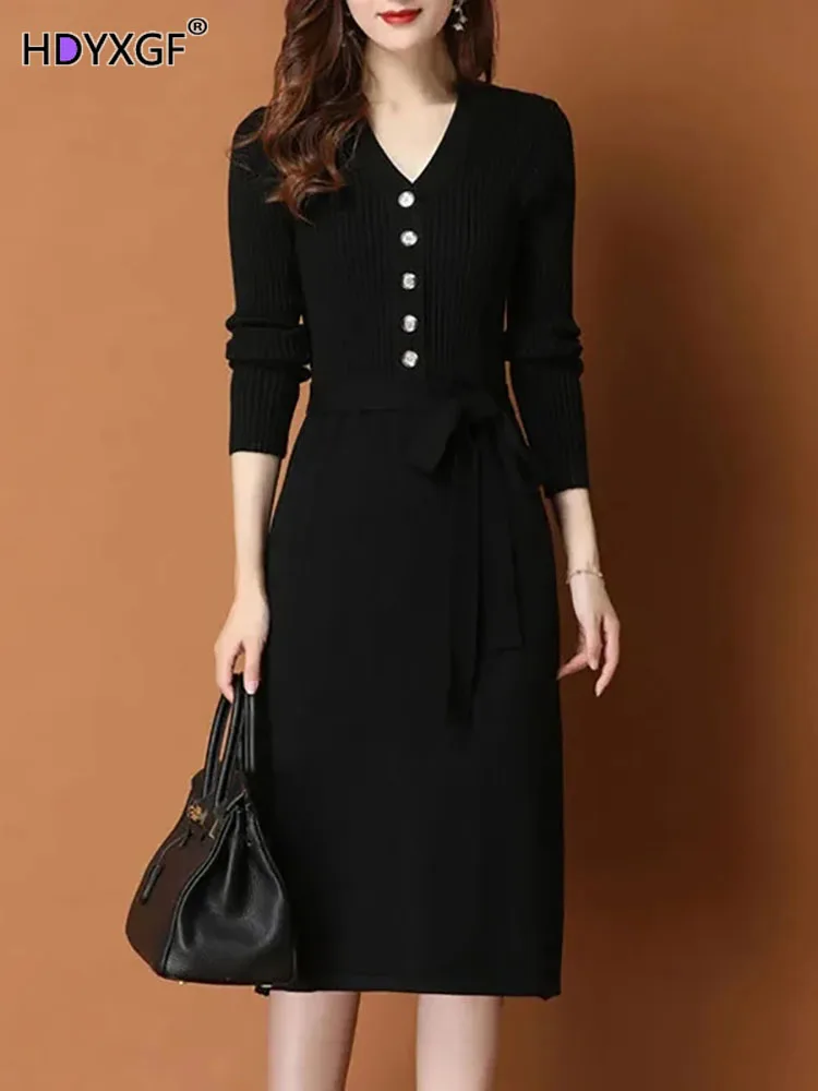 

Spring V-neck Long Sleeve Sweater Dress For Women Korean Fashion Lace-up High Waist Knit Vestidos A-line Button Wrap Hip Dresses