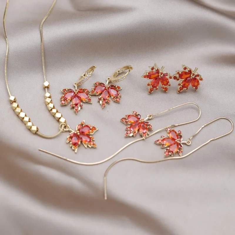 Korea Fashion Jewelry Orange Zircon Maple Leaf Pendant Earrings Necklace Women's Party Accessories jewelry sets jewelry set