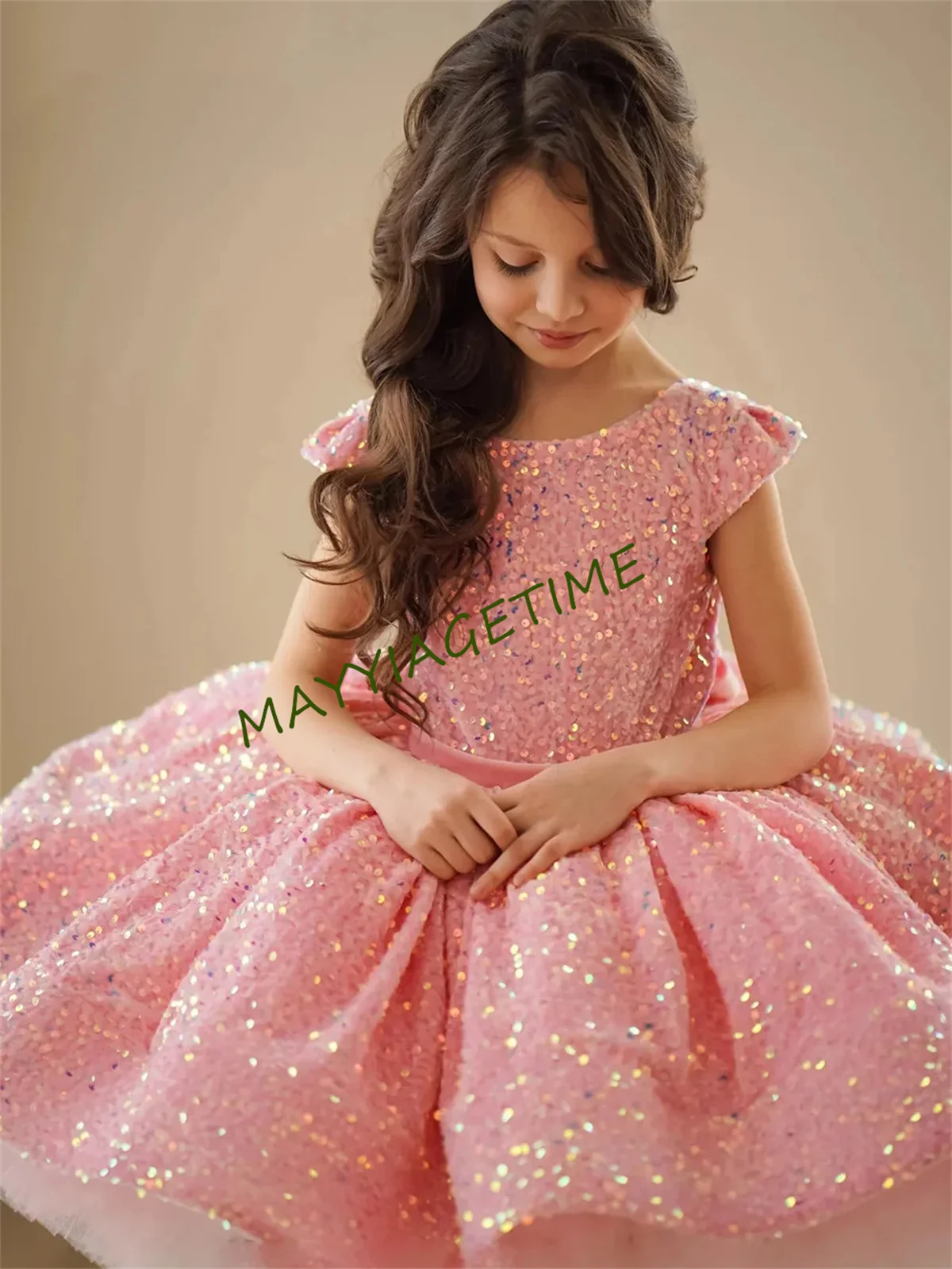 

Платье для девочки с блестками и цветами, розовое Пышное женское платье на Рождество, блестящее детское платье