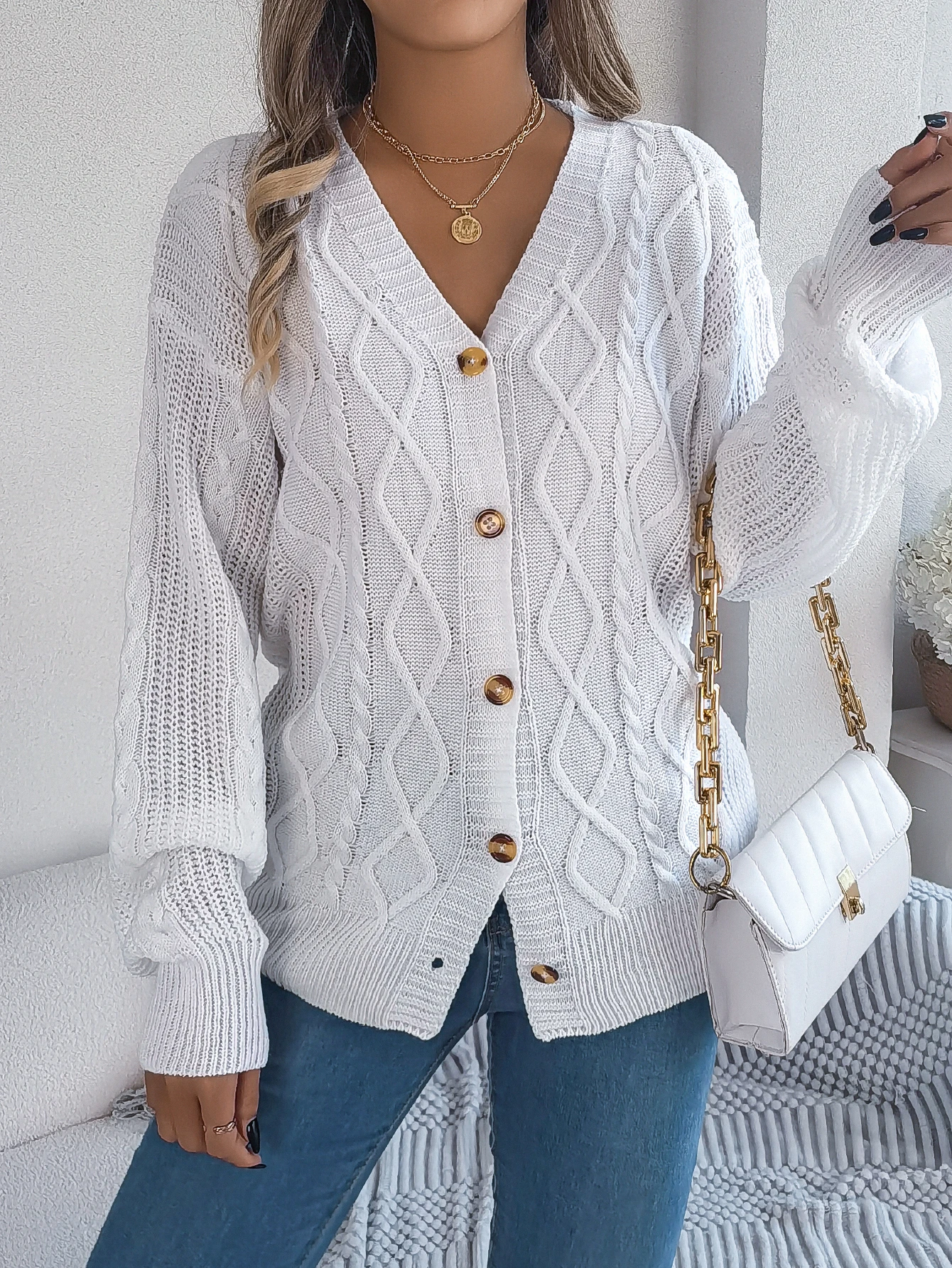 Pink V Neck Long Sleeve Knitted Cardigan for Women