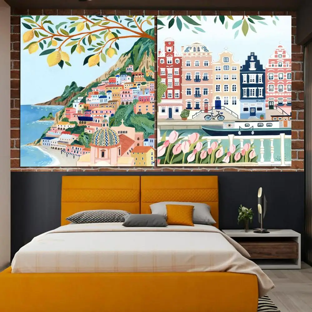 Landscape Nordic Posters And Prints Barcelona Santorini Positano Vintage Room Bar Cafe Decor Stickers Wall Painting