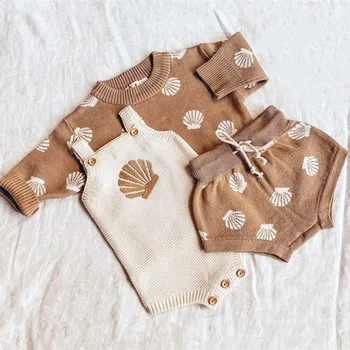 0-18M Set di vestiti estivi per bambini Neonato con stampa di conchiglie Bretelle Tute in maglia Pantaloncini Abiti per bambini Ragazzi Ragazze Maglieria 1