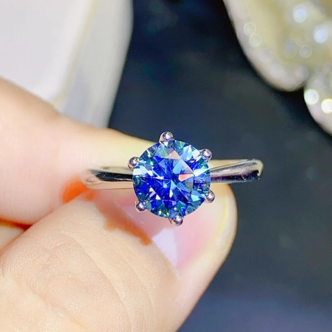

MeiBaPJ 2 Carats Blue Moissanite Fashion 6 Ring for Women With GRA Certificate 925 Silver Fine Wedding Jewelry