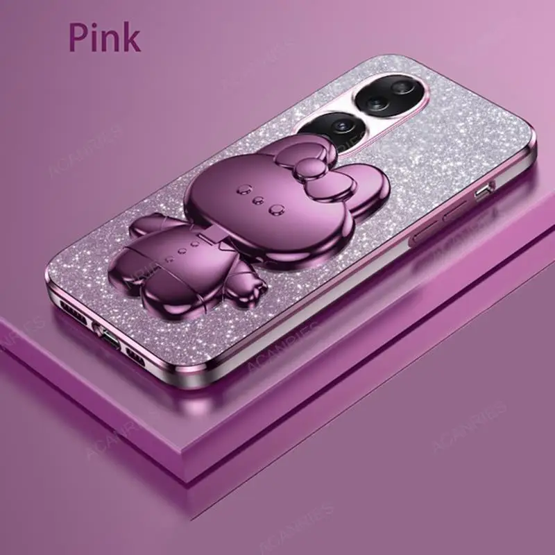 Cute 3D Rabbit Makeup Mirror Stand Plating Soft Phone Case - Protective Back Cover