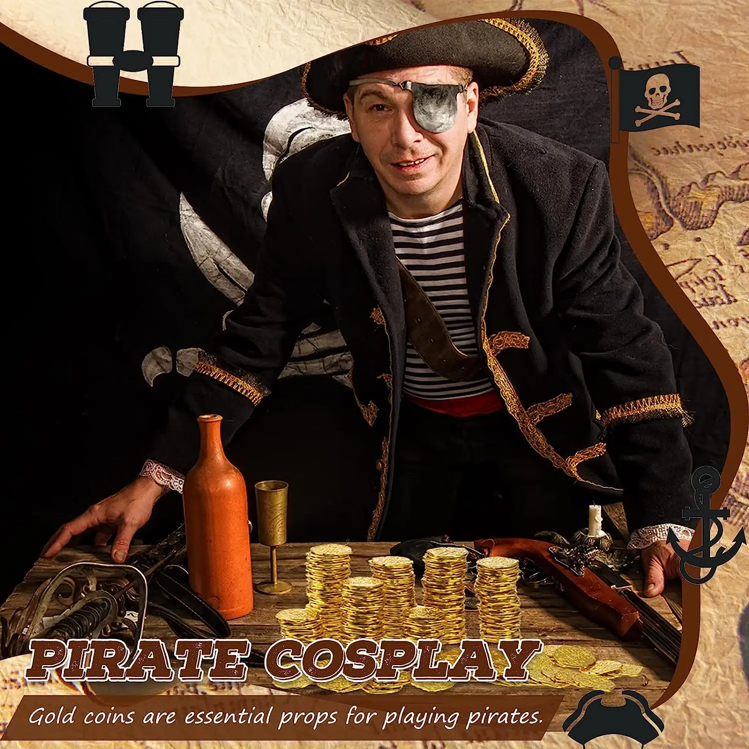 100 Pcs Pirate Coins Plastic Golden Coins Kids Fake Play Replica Spanish Doubloons St. Patrick's Coin for Pirate Party