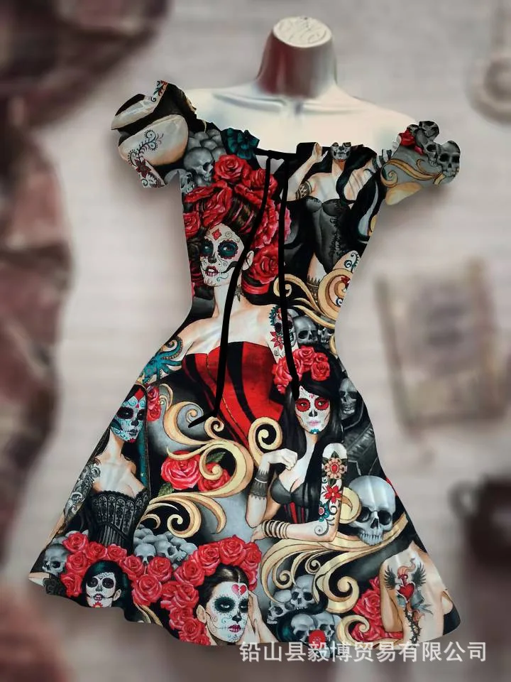 

2023 Summer 3D Horror Skull Costume Halloween Black Y2K Costume Hawaiian Bohemian Dress Evening Dress