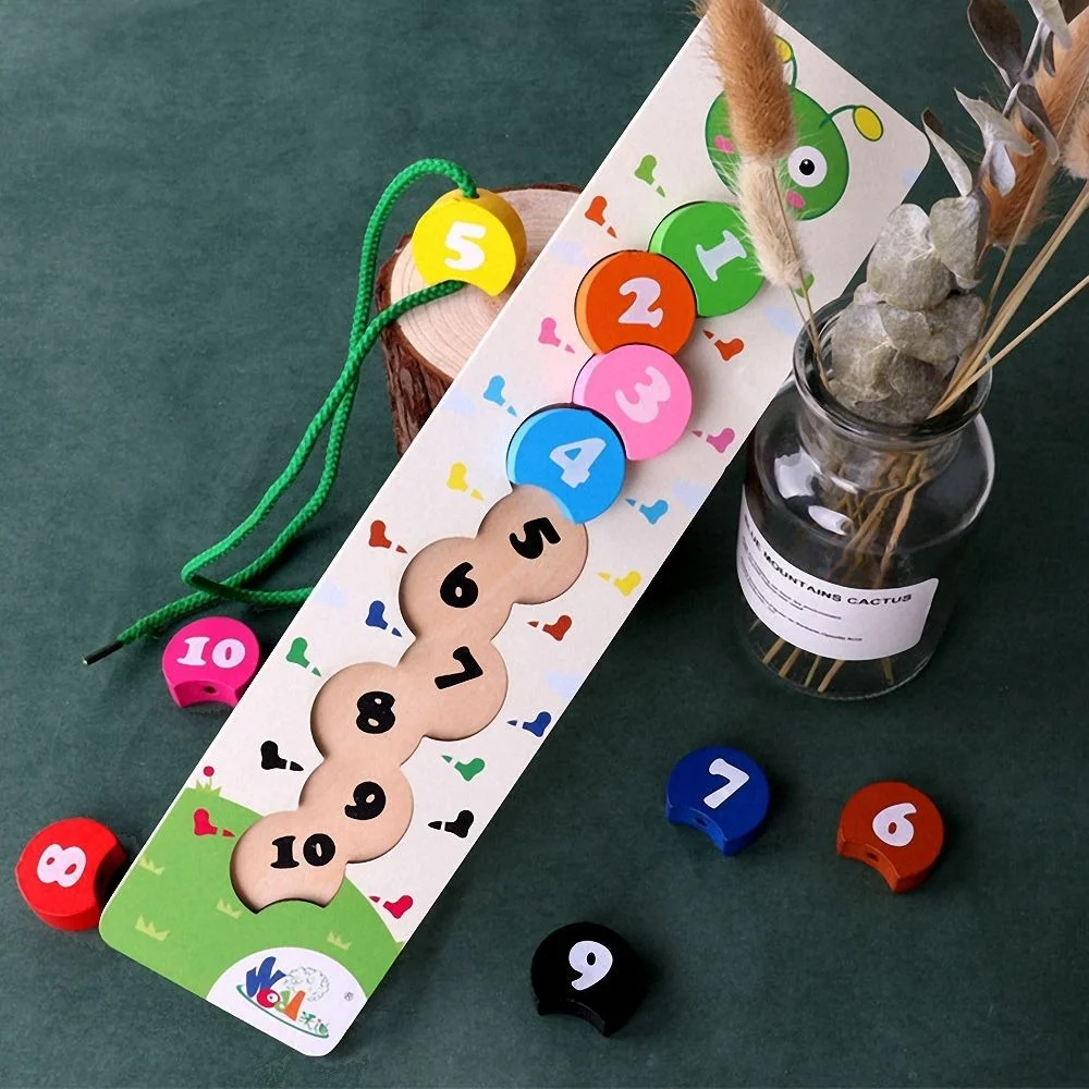Montessori Wooden Math Toy Threading Caterpillar Develop Intelligence Learn Counting Mathematics Teaching Aids Kids Wooden Toy 3