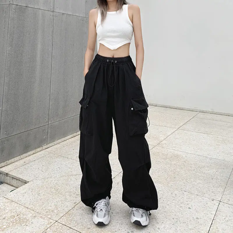 Woman Trousers Cargo Pants Straight Wide Leg Drawstring Oversize Pockets High Waisted Breathable Y2K Solid Color Sweatpants