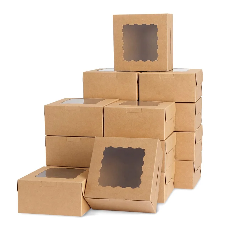 200 Stück 6 x 6 x 2,5 Zoll braune Bäckereiboxen mit Fenster, Keksboxen, Kraftpapier-Leckerli-Boxen für Kekse, Gebäck, Cupcakes, Kuchen, Donuts