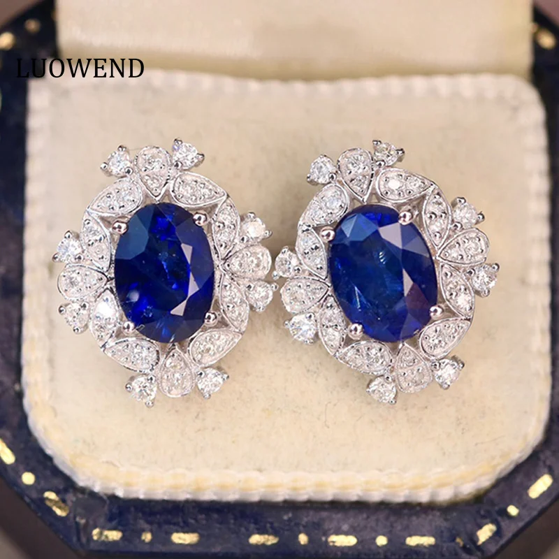 

LUOWEND 18K White Gold Earrings Natural Blue Sapphire Gemstone Fine Fashion Shape Diamond Stud Earrings for Women Engagement