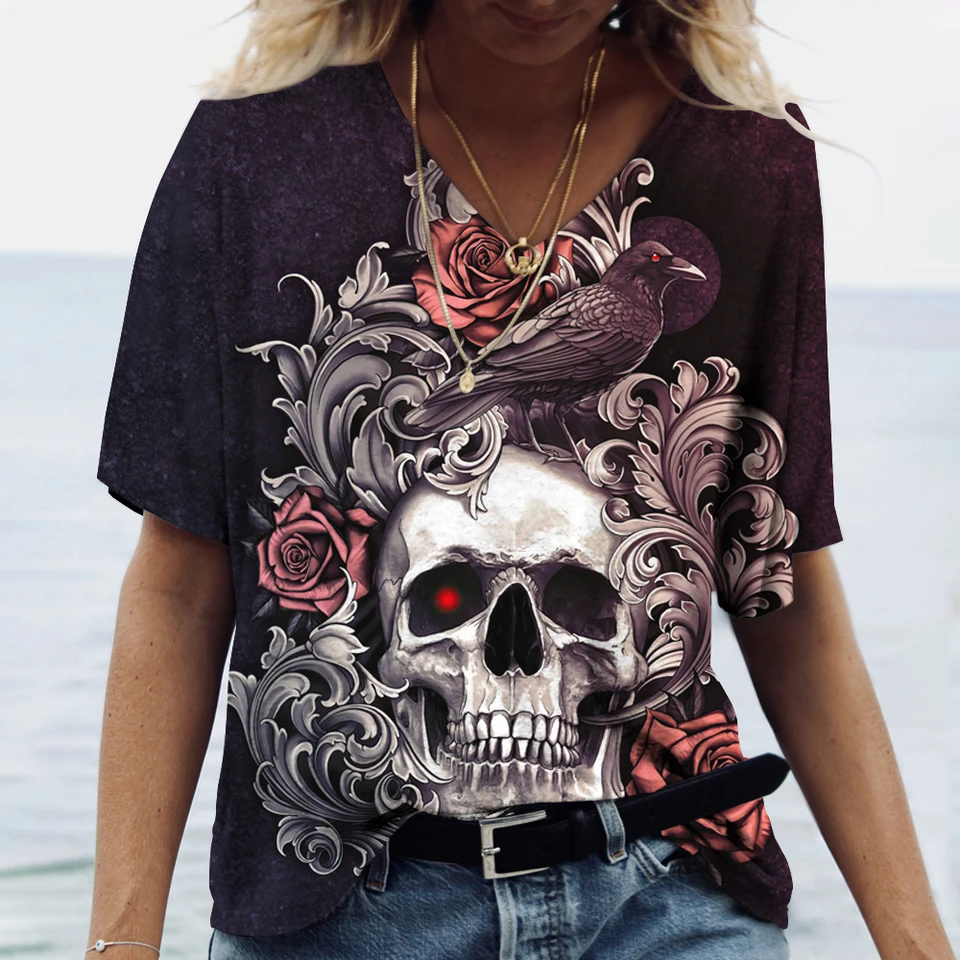 Funny Skull & Roses Graphic Tee For Women - Vintage Inspired Casual Short Sleeve Top - View #3