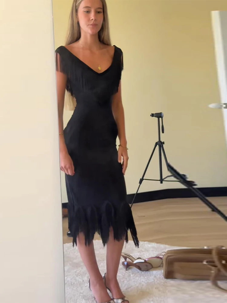 Quastenbesetztes V-Ausschnitt Tailliertes Langes Kleid Damen Sexy Tiefer V-Ausschnitt Ärmellos Rückenfrei Bodycon Party Abendkleider Schicke Damenkleider – Detail 11