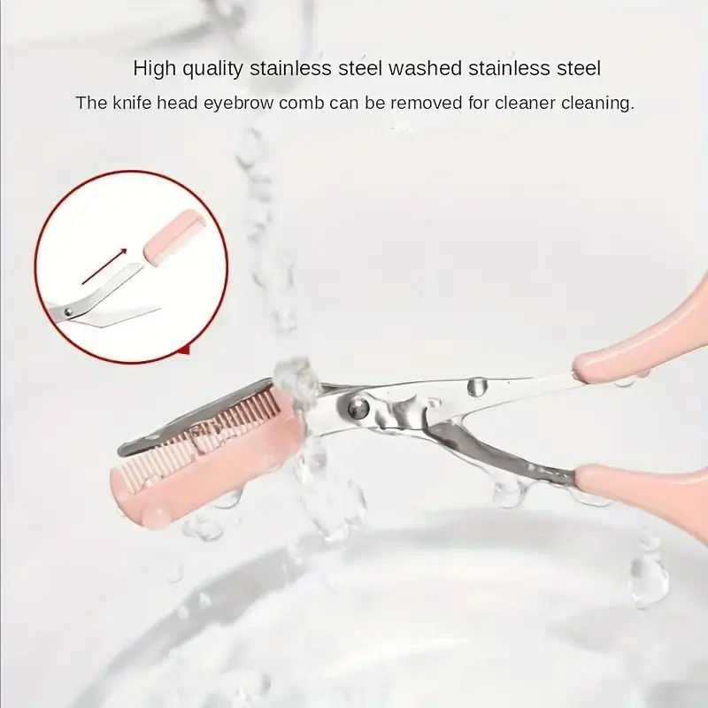 Pink Stainless Steel 1pc Eyebrow Trimming Scissors-Precision Grooming Tool with Built-In Comb for Perfect Brows-Non-recharge