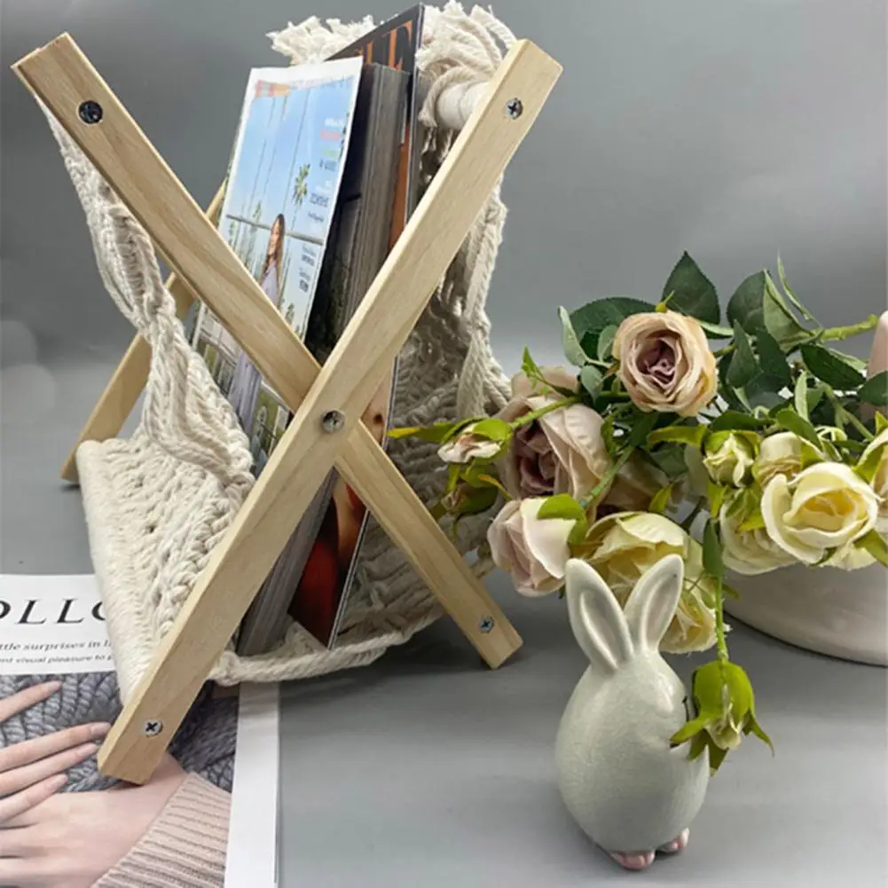 Room Magazine Rack Boho Magazine Rack Holder Standing Basket Storage Organizer with Wooden Stand Space for Magazines