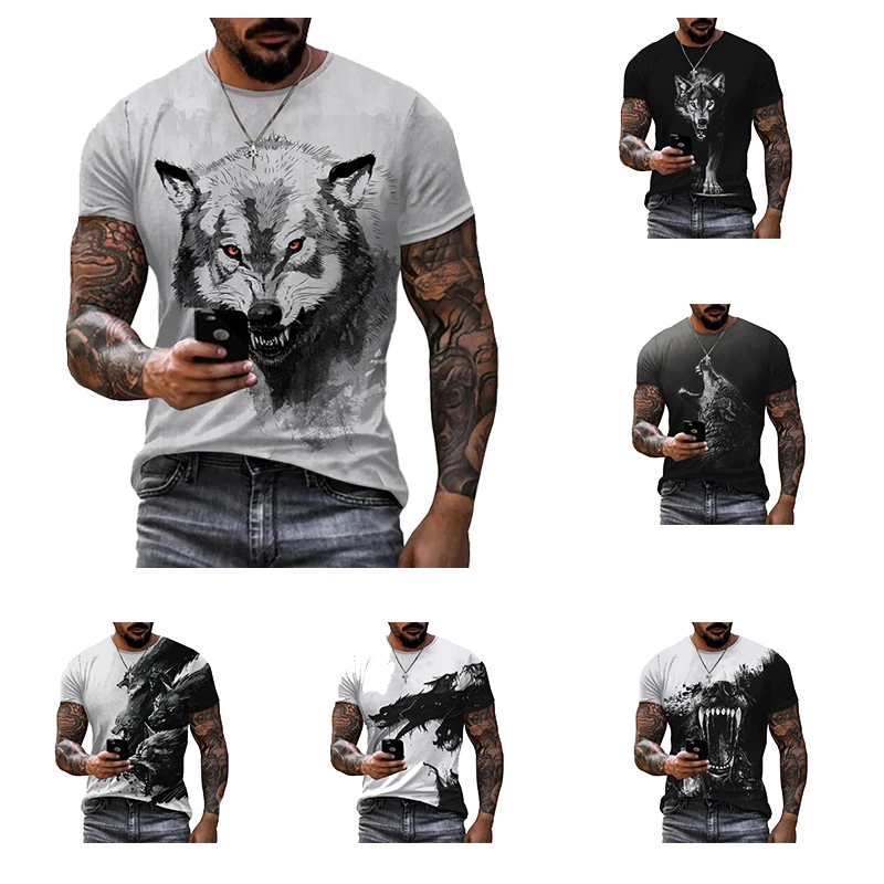 

2024 Vintage Dark Style Black and Whirt Men's T-shirt Classic Wolf 3d Print Short-sleeved T Shirts Retro Streetwear O Neck Tops