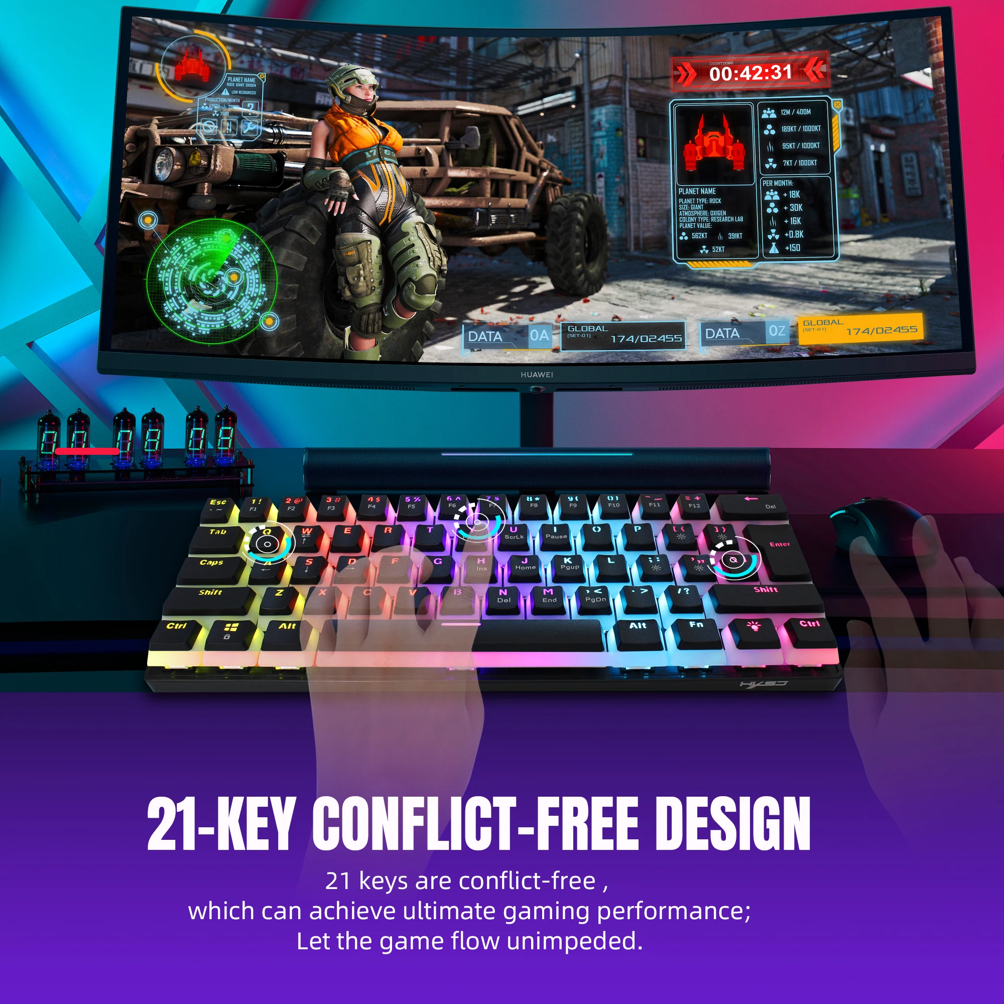 61 Keys Wired Mechanical Keyboard Blue Switch Two-color Injection Pudding Key Cap RGB Backlight For Game Office Home - 6