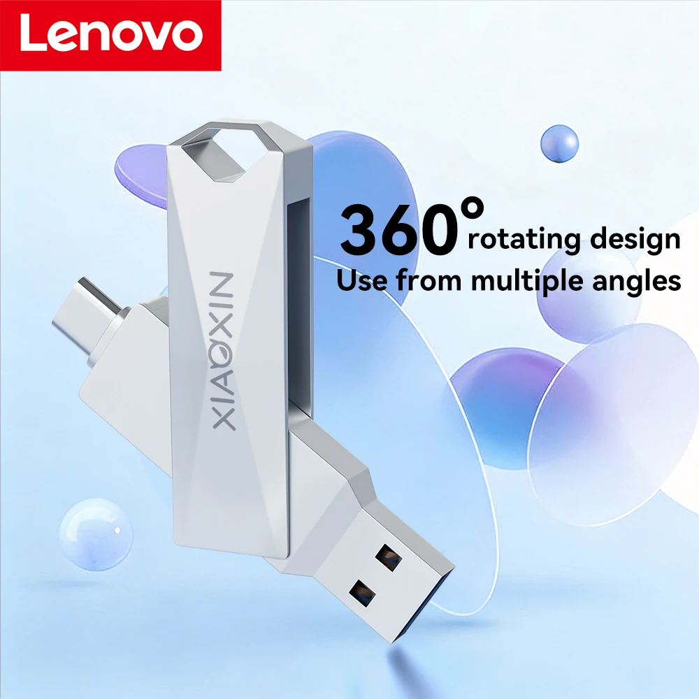 레노버 128GB 스케이트보드 USB 드라이브, 듀얼 USB-C & USB-A 포트, 360 °   회전 가능한 고속 SSD 플래시 드라이브 (휴대폰/노트북용)