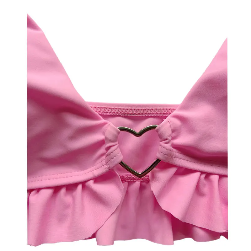 Summer Fashion Women Two-piece Swimsuit Pink Split Ruffles Design Love Heart Ring Connection Fit Women's Bikini Beach Vacation
