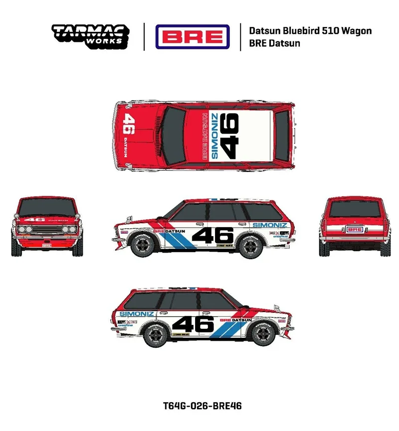 Tarmac Works 1:64 Datsun Bluebird 510 Wagon Bre Datsun #46 Diecast Model Car