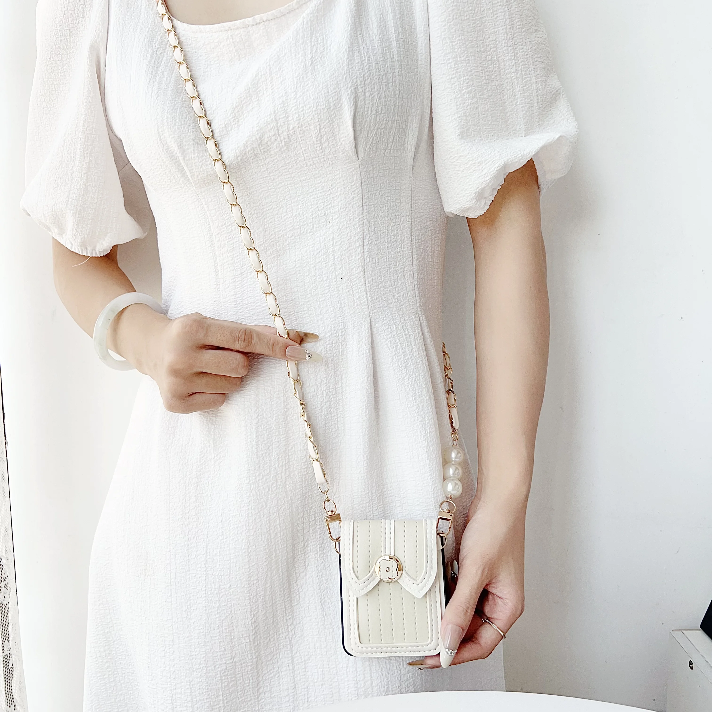 Luxury Pearl Rope Crossbody Leather Card Holder Case – High-End Protective Shell