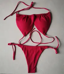 Summer Sexy Bikini Set with Push-Up Padded Bra and Adjustable Thong Swimsuit - S (Wine)