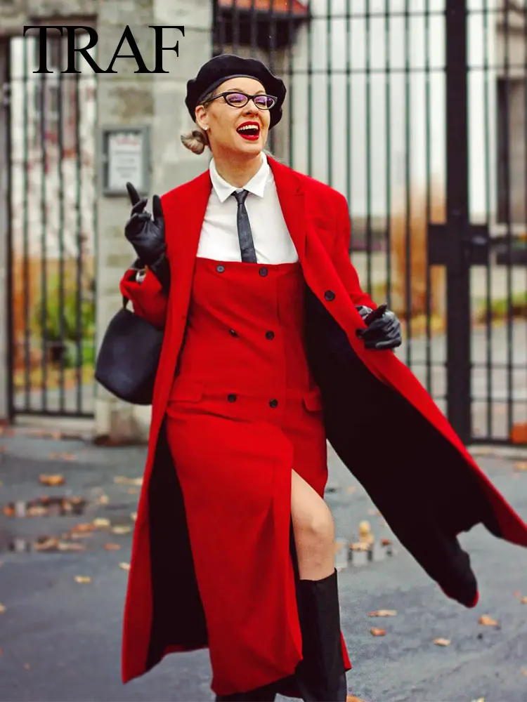 

TRAF Female Elegant Red Chest Wrap Dress Autumn Fashion Retro Off-Shoulder Sleeveless with Pockets Buttons Women's Slim Dress