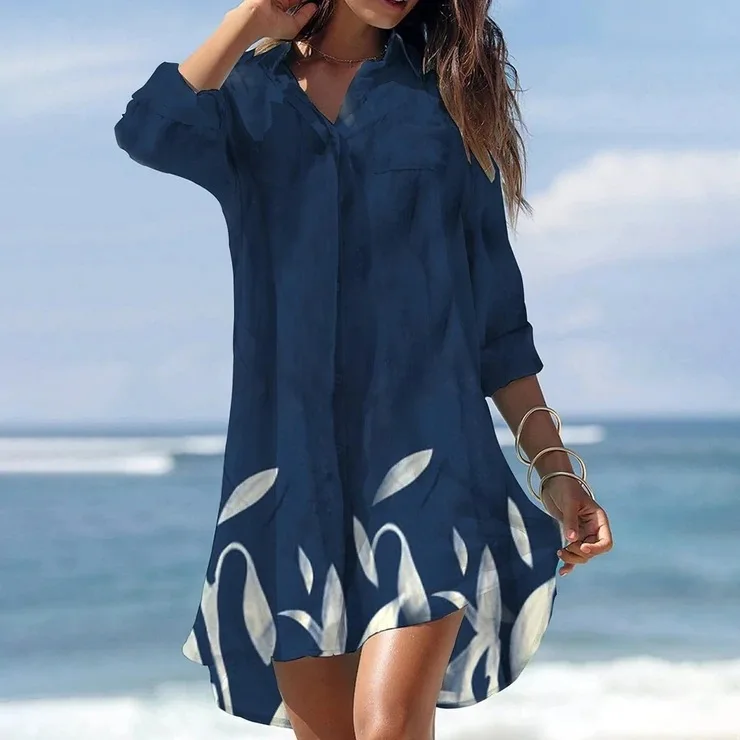 Summer Woman's New Printed Shirt Dresses Fashion Single Breasted Lapel Pocket Women Long Sleeve Casual Loose Holiday Shirt Dress black dress