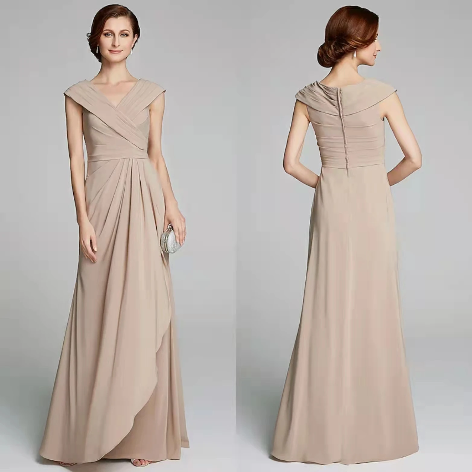 

Vintage Long Chiffon V-Neck Mother of the Bride Dresses A-Line Zipper Back Floor Length Wedding Party Dresses for Women