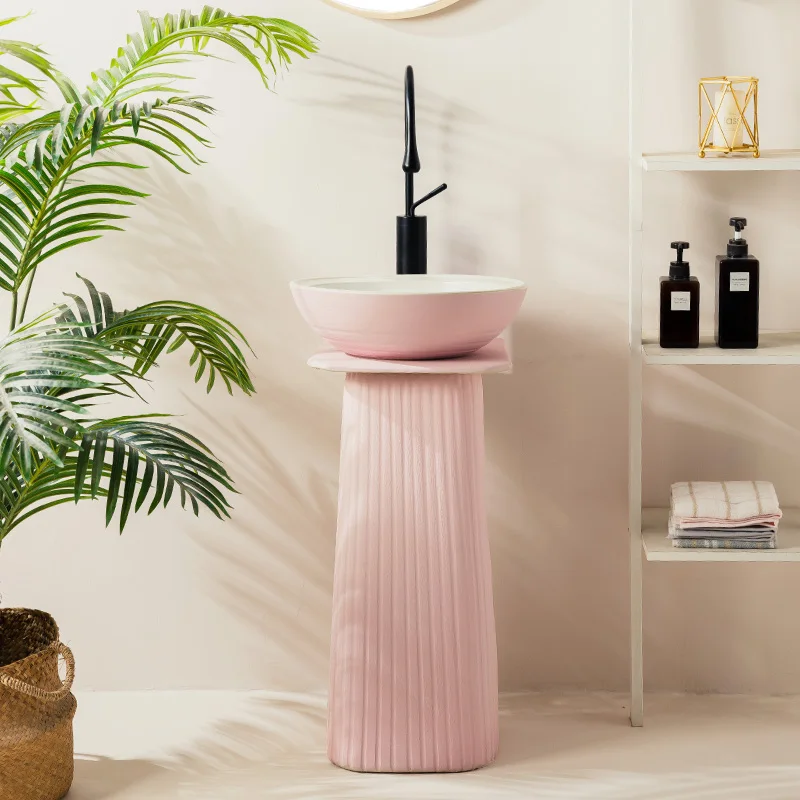 

Pink balcony, pillar style face and wash basin, integrated bathroom, floor standing, simple and small