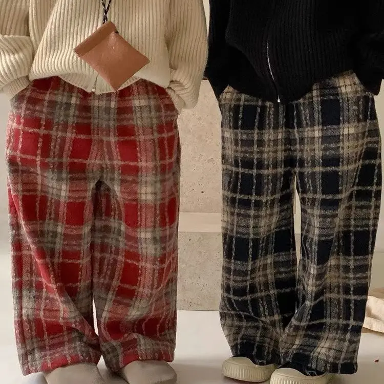 

Children Integrated Velvet Boys and Girls Wide Leg Pants Winter Woolen Plaid Pants Baby Straight Leg Casual Long Pants Trend